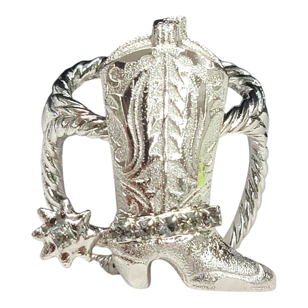 Vintage Silver Tone Cowboy Boot Scarf Slide Rhinestone Spur Western Boho Jewelry